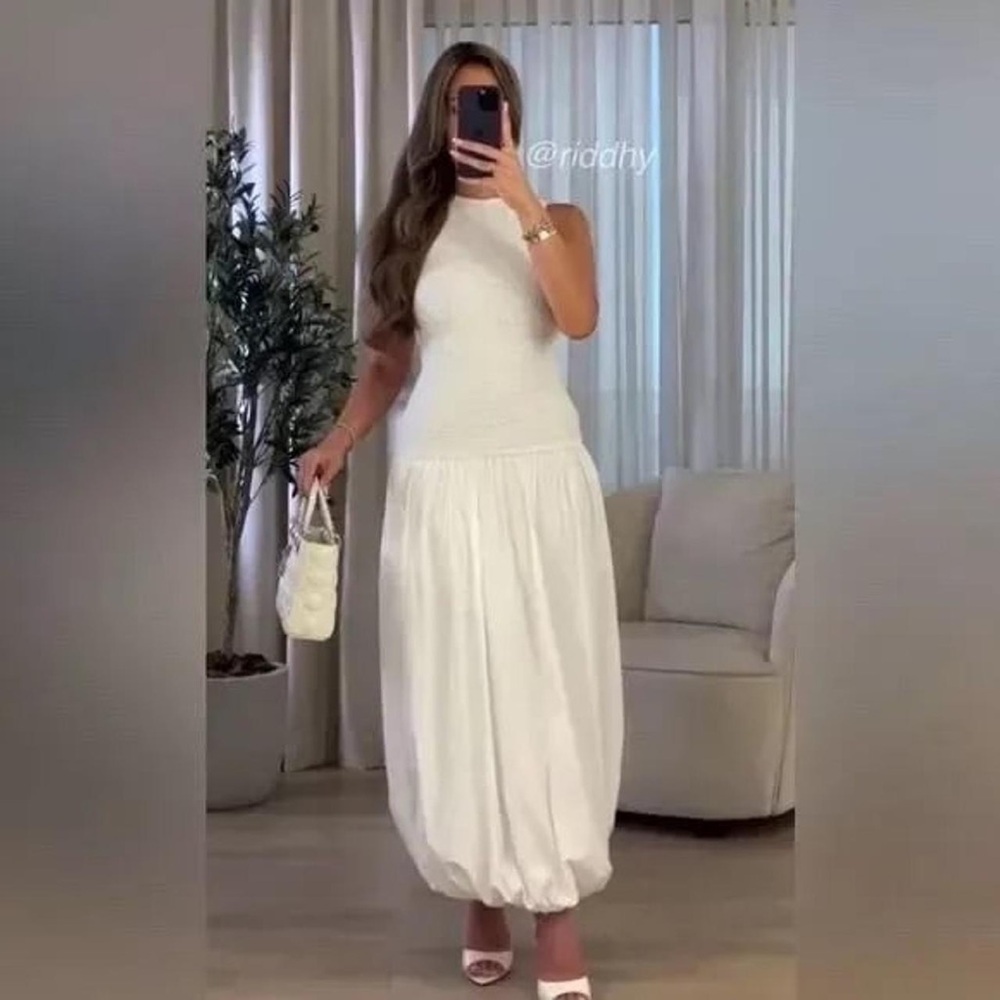 ZARA white Maxi Dress with textured sleeveless top and poplin balloon skirt XS